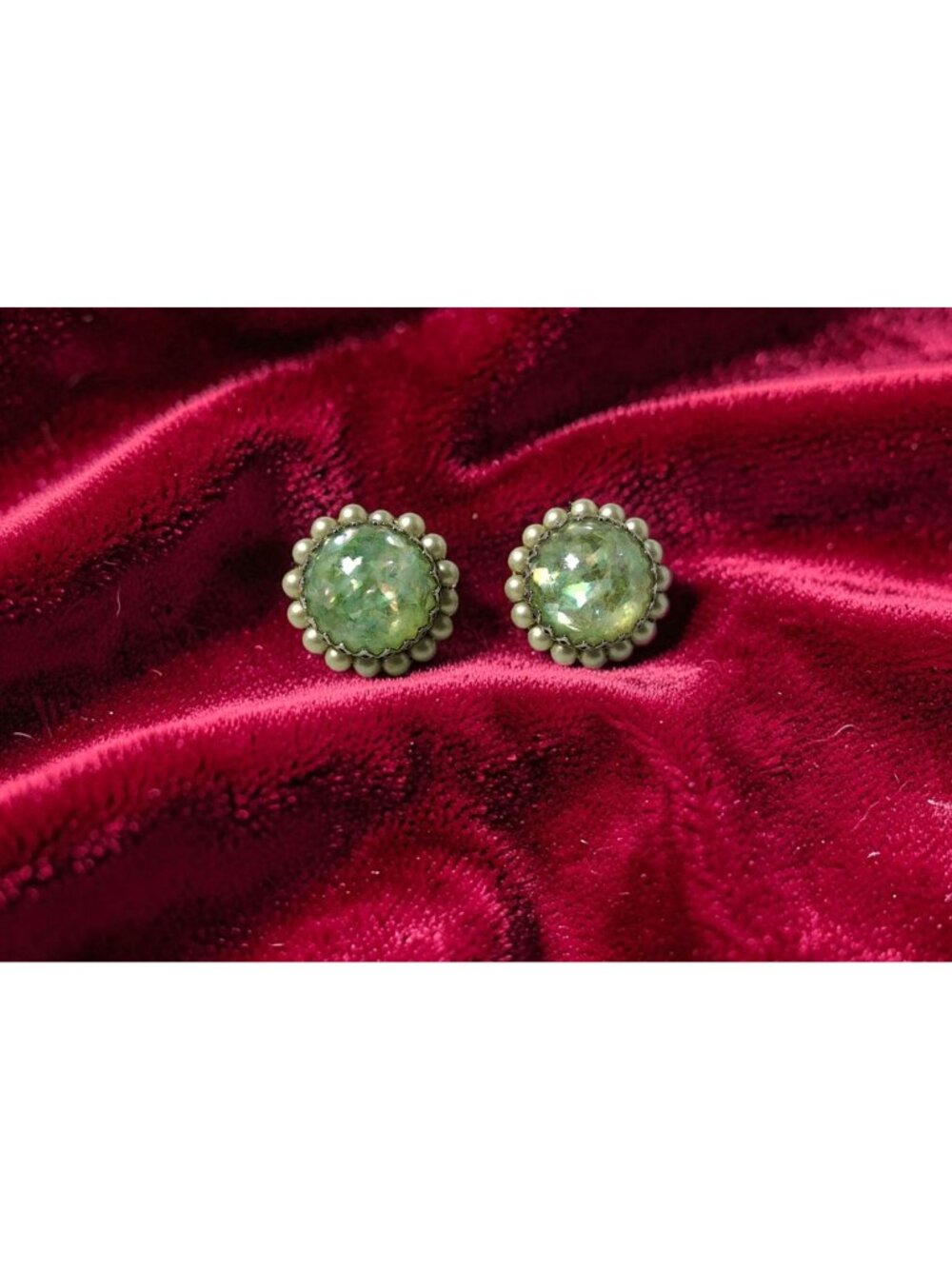 Vintage 1950's Silver Tone Circled Marbled Green Acrylic Screw Back Button Earri